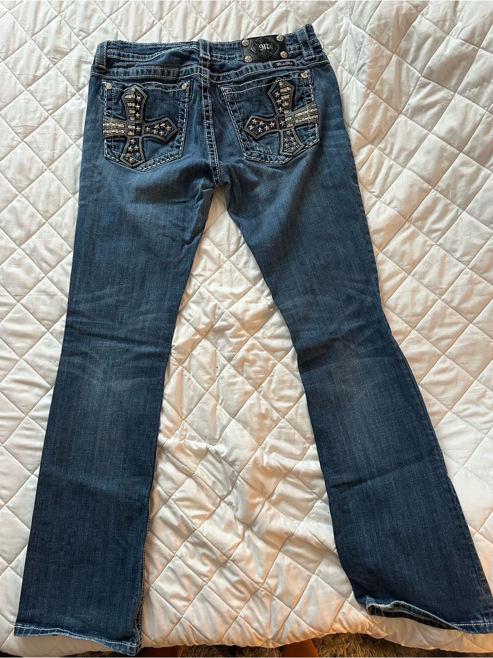 Miss Me Dark Blue Wide Leg Jeans with Embellished Cross Pockets